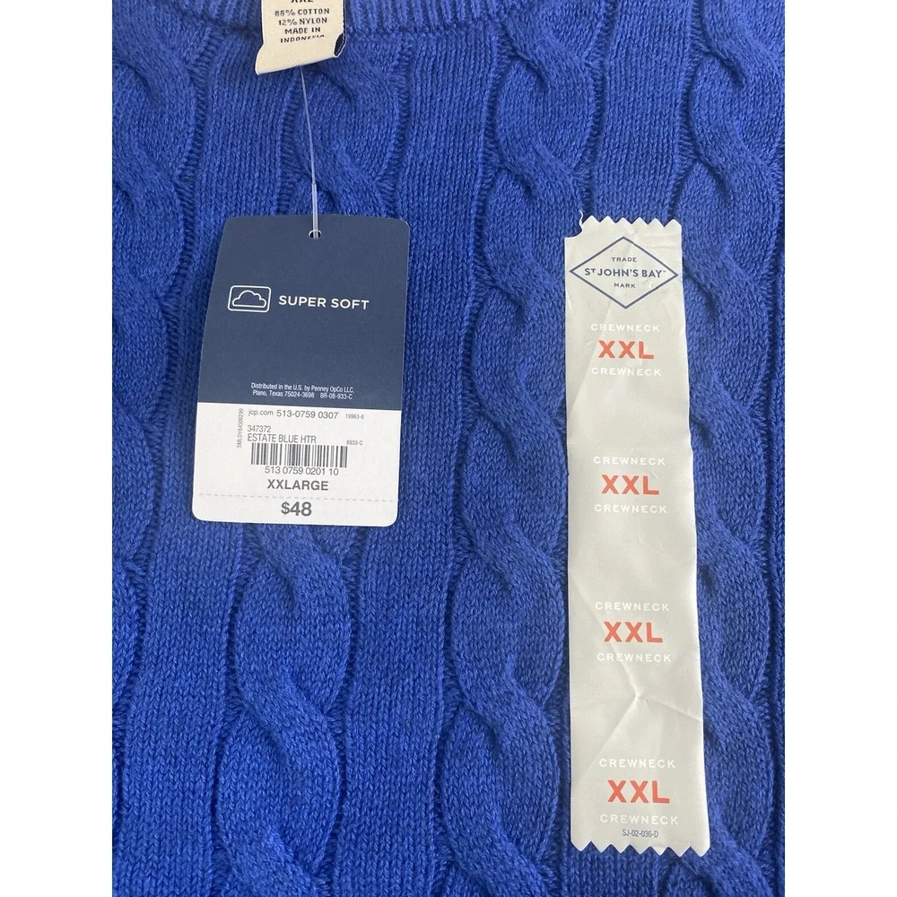 St Johns Bay Crew Neck Pullover Sweater Estate Blue SZ‎ 2XL Super Soft New Tags
